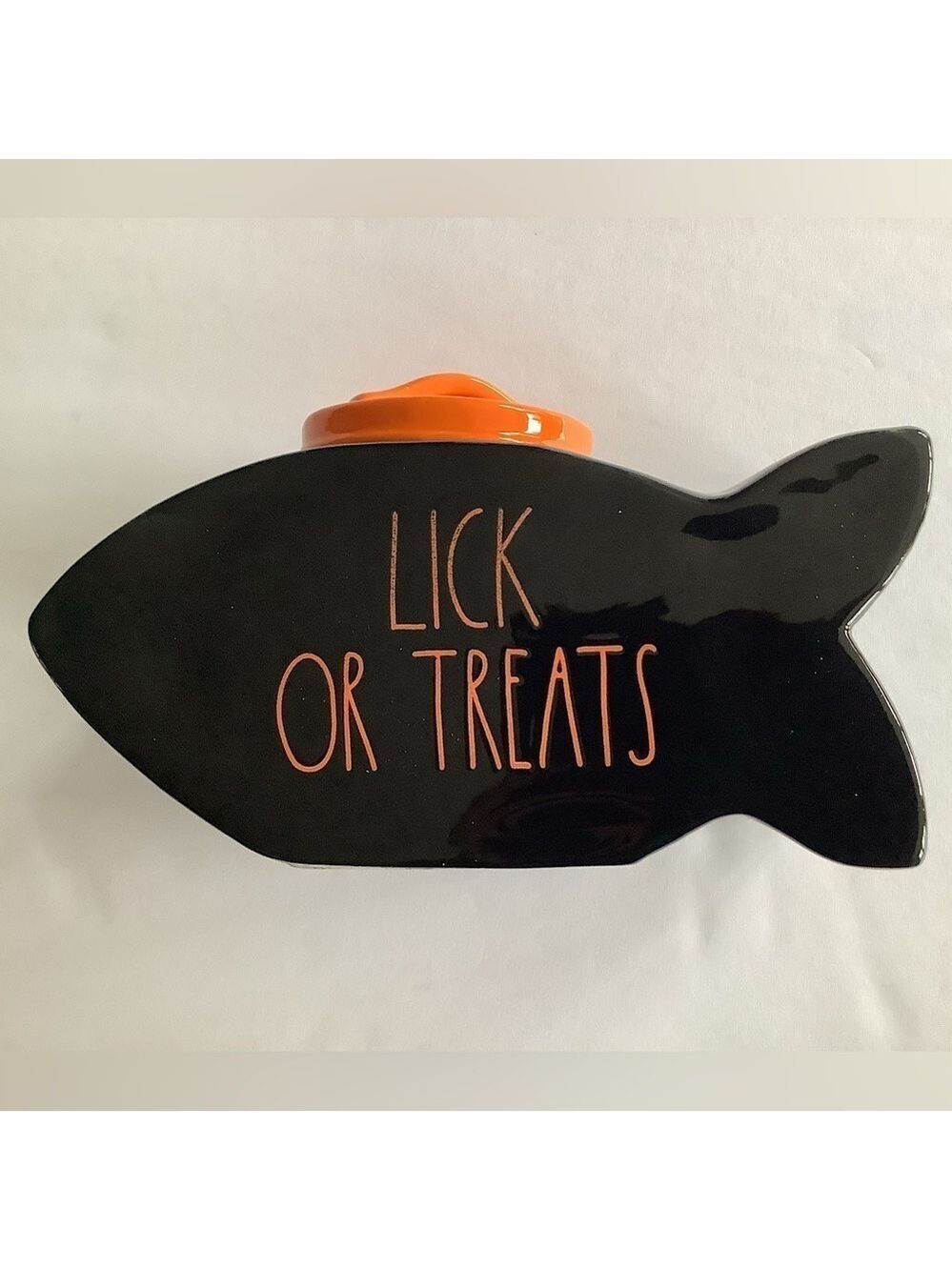 Rae Dunn Halloween Lick Or Treats Fish Shaped Canister Container Cat Dog New